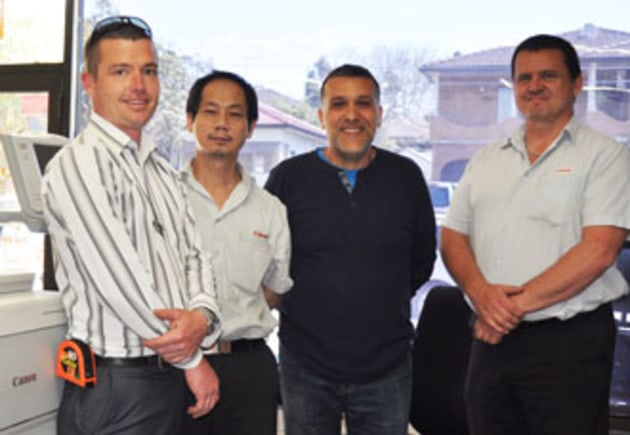 The Canon install team with Theo Stamatopoulos (2nd from right) Paul Byatt, technical lead, with technicians Michael Lipowicz and Louie Loo