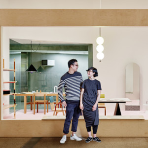 Daniel To and Emma Aiston (designers) in front of their presentation for the Rigg Design Prize 2015 Photo: Brooke Holm