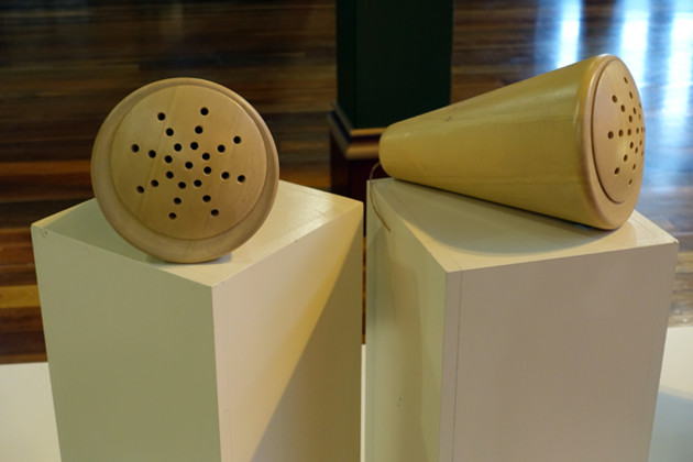 Vincent Cosentino's Cone Speaker set made is made wholly from timber and complements any system requiring sound output such as a stereo system or television. The prototype version on display was made from recycled Australian white cypress pine (Callitris glaucophylla) commonly used for paling fence posts.