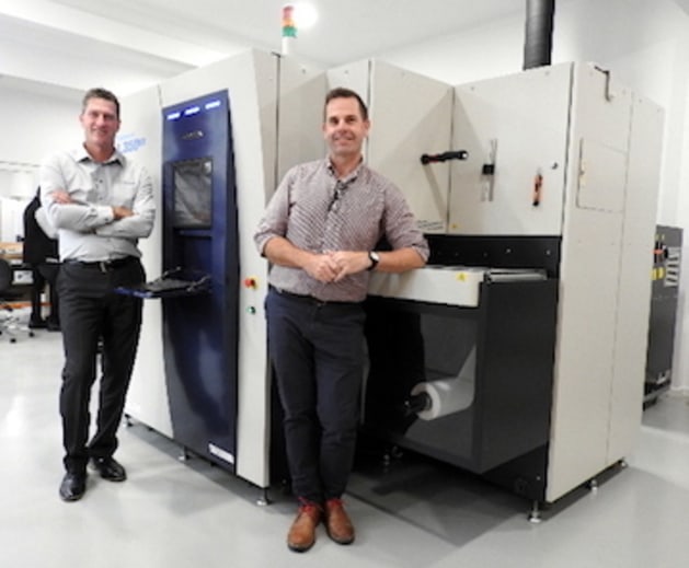 (l-r) ExelPrint MD Jason Kiekebosch and operations manager Damien Gray with the new Screen Truepress Jet L350UV.
