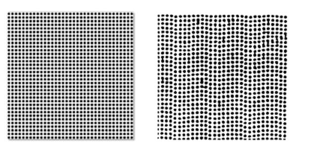 In the illustration the left hand grid is inkjet at relatively slow speed while the dramatic difference on the right hand side shows clearly the visible artefacts that occur at higher speeds.