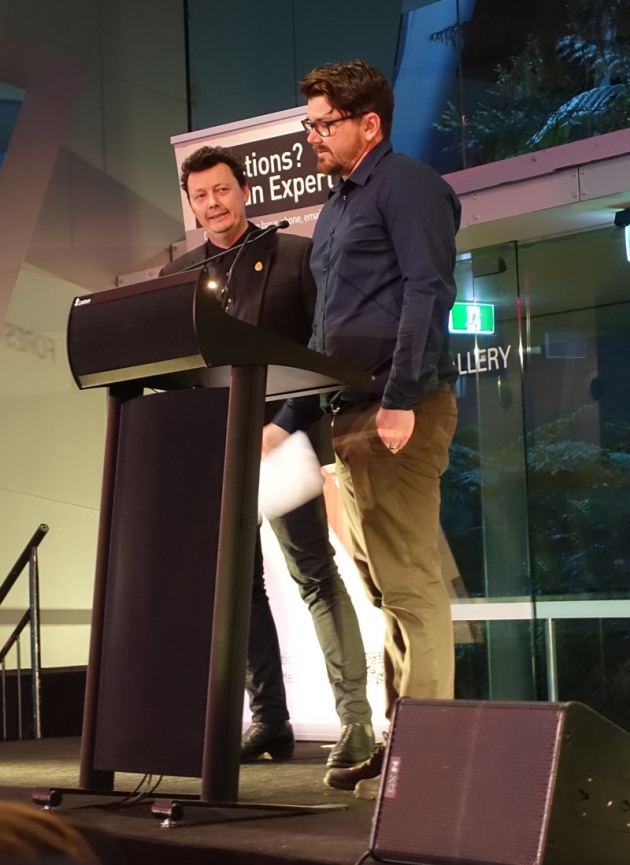 Dylan Brady, architect and chief Dangerous Designs judge presents Grand Prix award winner 2017, Geoffrey Marshall.