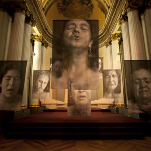 The images of BIFB core exhibitor Erika Diette from Columbia hung as shrouds in Ballarat's Mining Exchange. Here they are displayed at a previous exhibition.