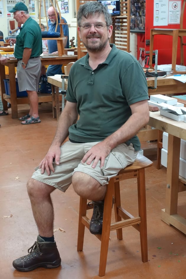 Evan Dunstone sits atop his Beta stool, available for purchase in kit form from Dunstone Design.