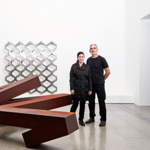 Stefanie Flaubert and Janos Korban (designer and metalworker) in front of their presentation for the Rigg Design Prize 2015 Photo: Brooke Holm