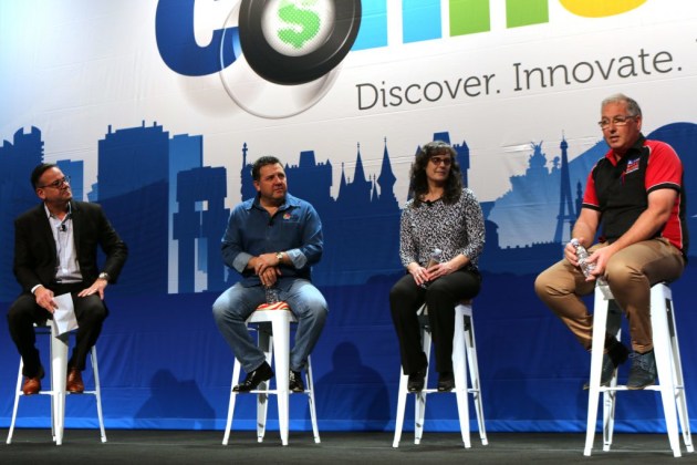 ‘Part of a big family’: Peter Wagener, All Flags (right) with two other EFI customers and Frank Mallozzi, EFI (left) on stage at Connect 2018.