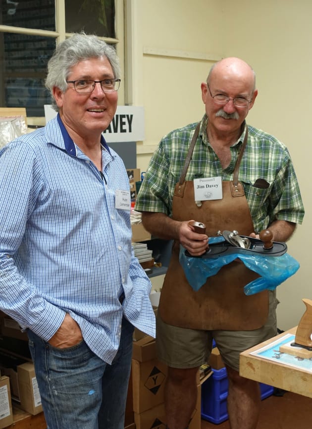Jim Davey with Sturt student Huon Lemercier. Jim is holding a sample of the new Veritas customisable plane range.