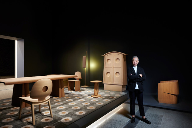 Khai Liew (designer) in front of his presentation for the Rigg Design Prize 2015 
Photo: Brooke Holm