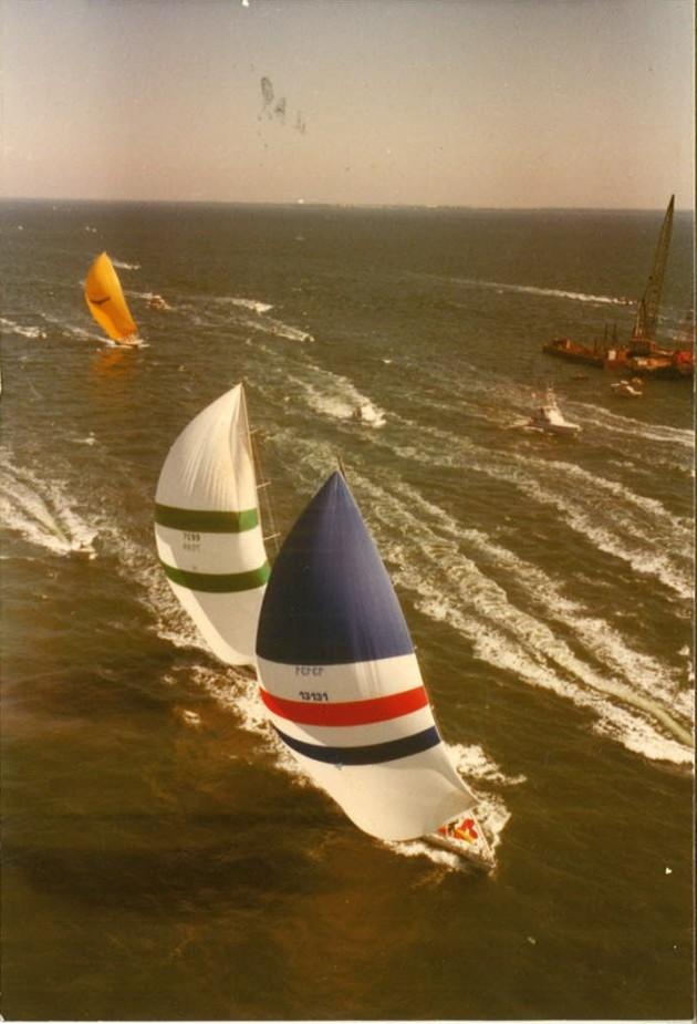 Us in front of course, Windward Passage pressing hard and Condor out the back door. I think this is the Miami-Nassau race of 1983.