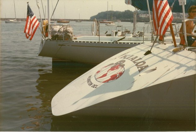 The contrasting sterns of ten years in design. KIII in the background. First mate Justin Smart on KIV in the far right. I think this was Cowes.