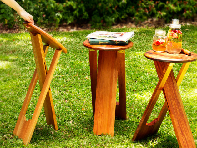 Bevan Blackshaw's Lob Up stool / side table folds up for easy storage and transport.