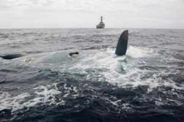 The overturned hull of the Cheeki Rafiki. Photo AP/US Navy.
