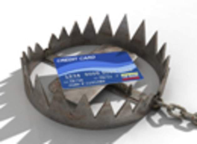 A credit card sitting on a rusty old bear trap. Credit risk concept. Very high resolution 3D render.