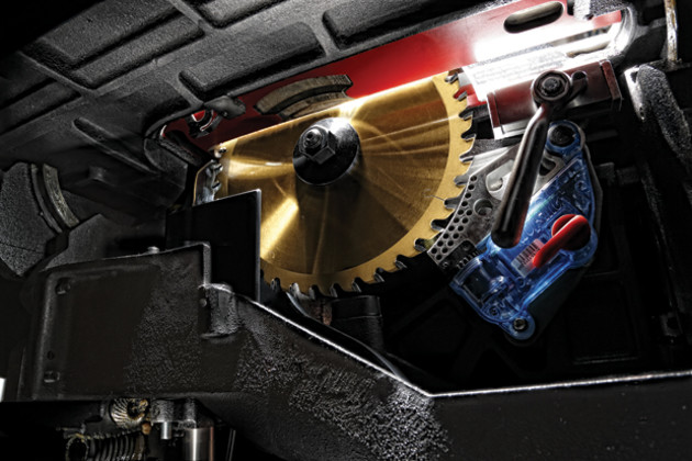 Under the table view of SawStop's emergency braking system.