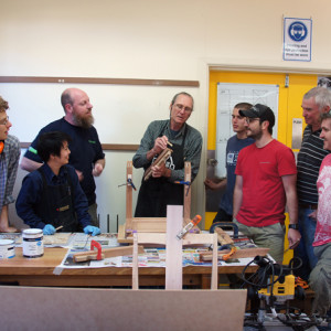 In the Sturt furniture workshop, left to right: Ricky Klein, Monette Hoppitt, Ben Crosweller, David Upfill-Brown (tutor), Harry McInnis, Adrain Olasau, Bruce McKenzie, Chris Bartkus.