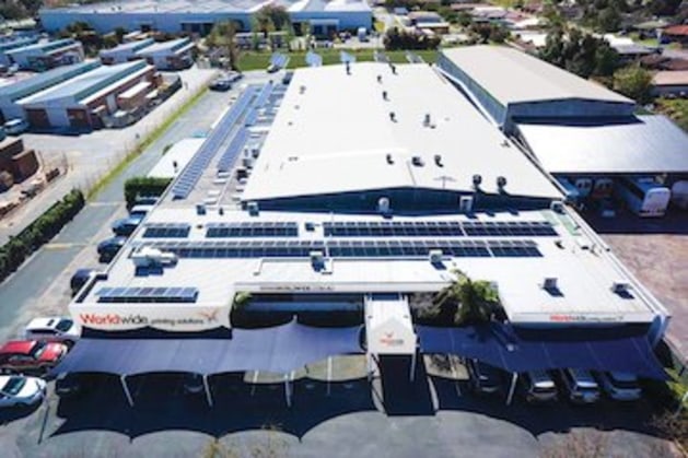 Aerial view of Worldwide’s impressive Cannington, WA hub featuring solar panel energy generation.