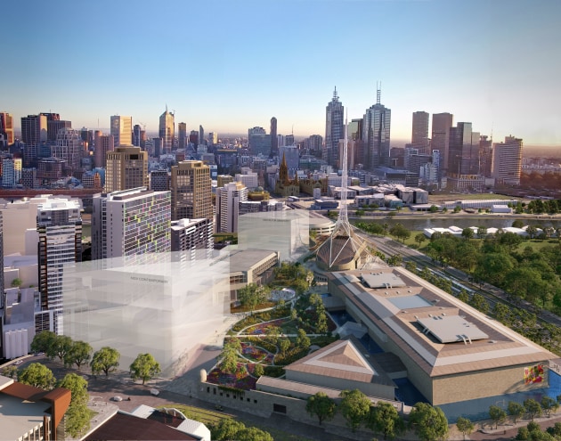 A bird's eye view of the Melbourne Arts Precinct from Southbank Boulevard facing north (artist impression).