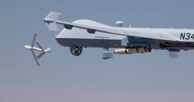 General Atomics Aeronautical Systems and AeroVironment have collaborated on the air launch of a Switchblade 600 loitering munition from a GA-ASI Block 5 MQ-9A unmanned aircraft system.

Credit: GA-ASI