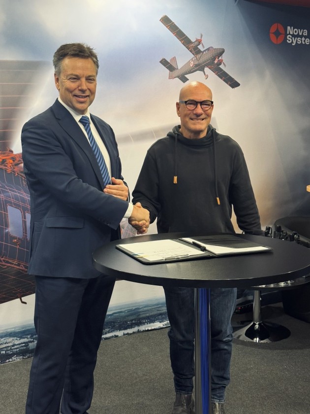 Clifton Lombard (Director of Growth, Nova Systems) and Andr&eacute; Ott (Managing Partner, AIR LLOYD Aerotechnics) after signing the strategic teaming agreement at European Rotors, Cologne, Germany this week.

Credit: Nova Systems