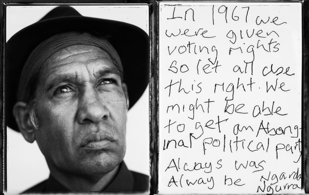 Alum Cheedy, Roebourne, Western Australia, 2008. Alum comments on the 1967 Referendum, this image is part of the right to be counted project, this image was a finalist in the Moran Contemporary Photographic Prize 2009. Type C print from Polaroid 665. © Tobias Titz.