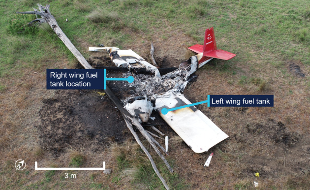Impact forces had caused one or both wing fuel tanks to be breached, resulting in a post-impact fire that destroyed the aircraft. (ATSB)