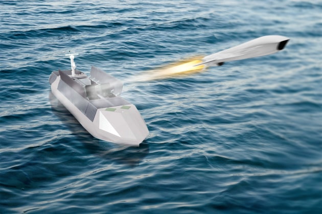 An artist's rendition of the integration of Kongsberg&rsquo;s Naval Strike Missile (NSM) with Leidos&rsquo; next-generation uncrewed surface vessels (USVs), Sea Archer and its larger variant, Longbow.

Credit: Leidos Australia