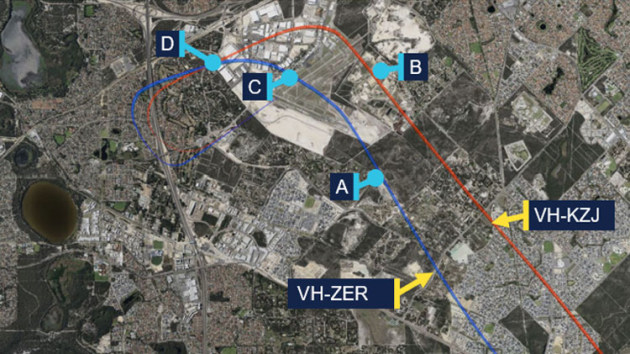 The tracks of ZER and KZJ as they tracked inbound from Forrestdale Lake. (Google Earth annotated by the ATSB)