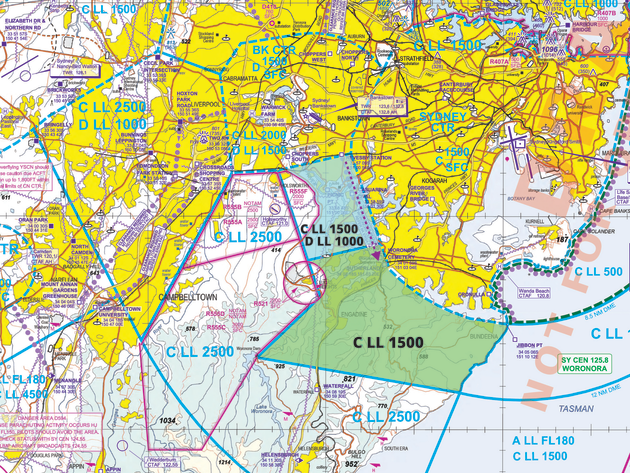 The chart above shows the proposed changes to Sydney airspace to create a Bankstown southeast VFR corridor. In the proposal, the blue area becomes Class D airspace with Class C above. The green area would be available as Class G airspace with Class C above. The proposed VFR outbound track through the corridor is shown in purple along the eastern boundary. (CASA)