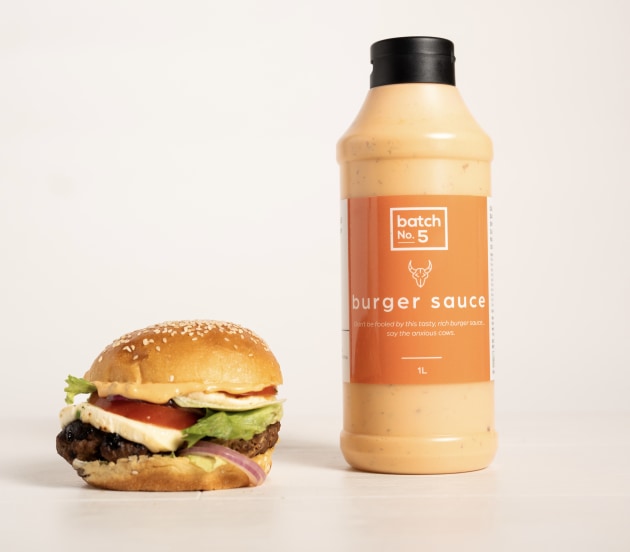 batch No.5 1L squeezy bottles, available in Aioli, Tartare, Peri Peri and Burger Sauce.