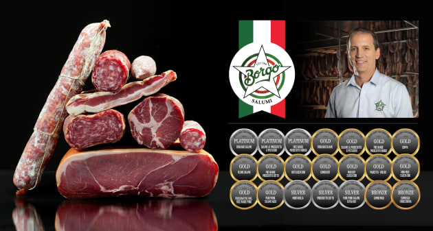 Borgo Salumi owner, Luigi Borgo, with winning meats and medals from the 2025 IFFA DVA International Product Competition. (Image: Supplied)