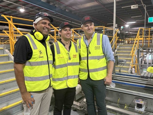 CCEP Australia MD, Orlando Rodriguez, Supercars driver, Cam Waters, Monster Energy senior vice president Oceania & South Pacific, Sam Thiele. (Image: Yaffa)