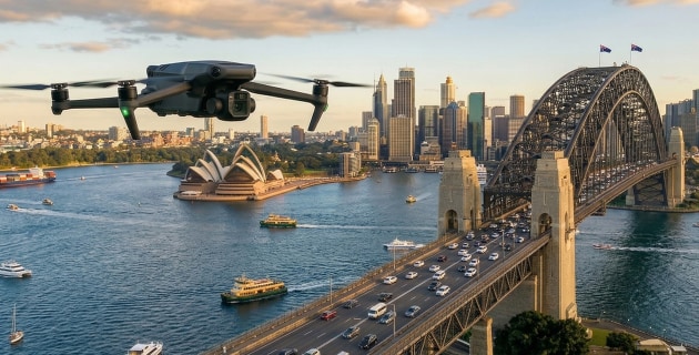 Drones are flown illegally over Sydney Harbour on a daily basis. AI image by Tim Levy