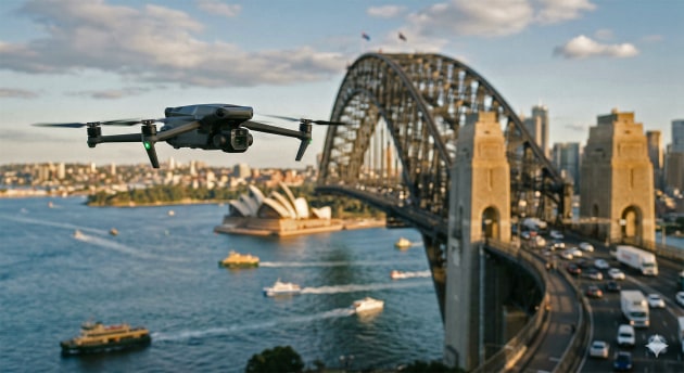 Illegal drone flying over Sydney Harbour is done on a daily basis by foreign nationals who post their footage to social media back in their home countries &ndash; out of the reach of CASA's jurisdiction. AI image by Tim Levy.