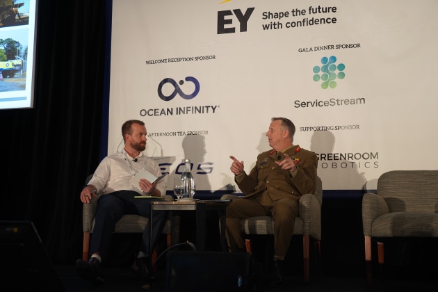 Major General Jason Blain, head of land systems speaking with ADM Publisher Ewen Levick at ADM Congress 2026.

Credit: Kirra Davey