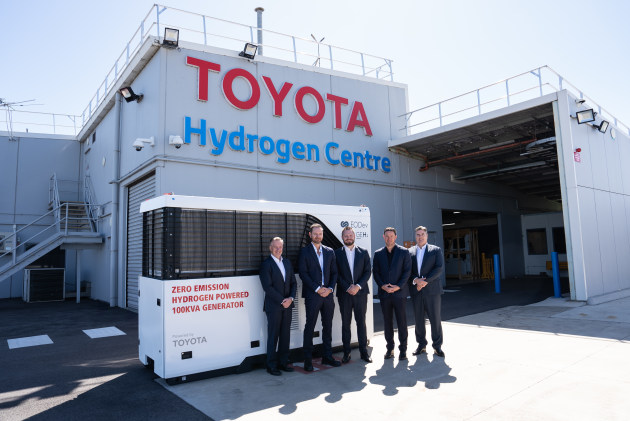 Toyota has partnered with EODev and Blue Diamond Machinery (BDM) to assemble, distribute and sell the GEH2 hydrogen fuel cell generator in Australia (l-r) Toyota Australia President and CEO Matthew Callachor, BDM Director Justin Pitts, EODev Chief Commercial Officer Stephane Jardin, BDM Director Brad Pitts, Toyota New Zealand Corporate Manager - Direct Sales & New Business, New Vehicles Terry Lydon