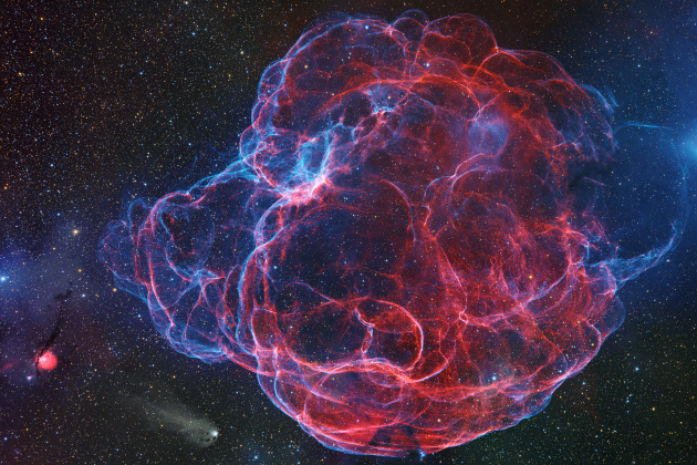 Stars and nebulae, Highly commended. Electric Threads of the Lightning Spaghetti Nebula © Shaoyu Zhang (China). This full-spectrum image of the Spaghetti Nebula unveils the faint and elusive nature of this supernova remnant (SNR), hidden behind a vast cloud of dust that obstructs its emission light. To enhance its visual appeal, Shaoyu Zhang dedicated considerable time to capturing OIII data, intensifying the blue and green hues, while allowing SII and H-alpha to support high dynamic range stretching for added depth.