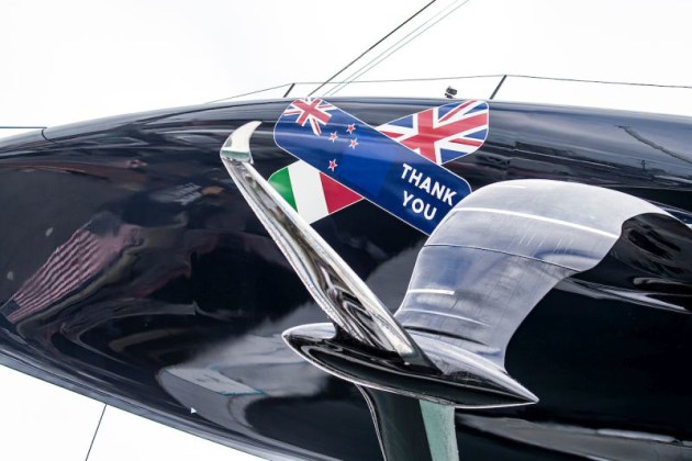 PATRIOT is launched with a tribute to the assistance provided by Emirates Team New Zealand, Auckland's first responders, rescue services, Luna Rossa Prada Pirelli, INEOS Team UK, and others. The bandage-shaped message, placed over the once-damaged hull section, also honors the team's supporters back in the U.S. and around the world. &copy; Sailing Energy / American Magic.