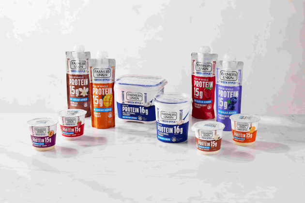 Farmers Union has unveiled its Protein Yogurt range in a range of pouch and tub formats. It says the yoghurt is “deliciously smooth” and doesn’t compromise on taste. (Image: Bega)