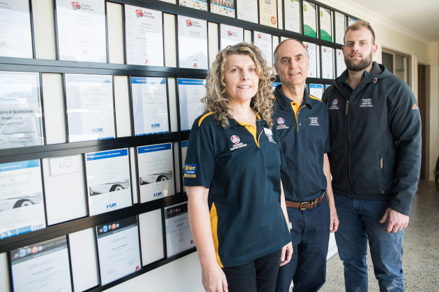 Fleurieu Crash Repairs marks 40 years of service. Meredith, Brenton and Ben Abbott.