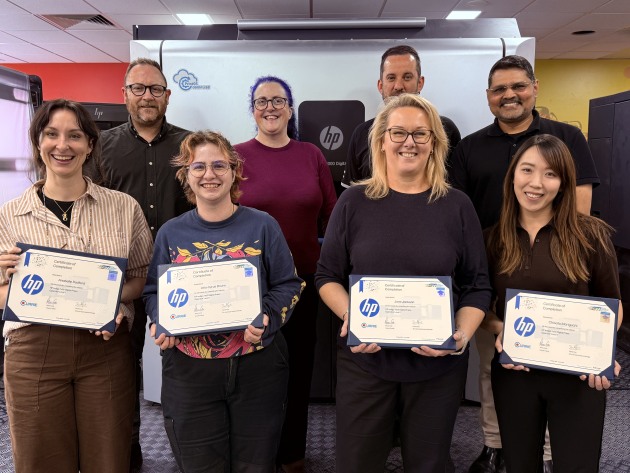 Graduation success: front row (l-r) Annabell Radford, Arlo-Cyrus Bruhn, Jane Jackson, Chisato Moriguchi; 
back row (l-r) Marcus Robinson, Stephanie Gaddin, Steve Cook, Vinod Puravoor