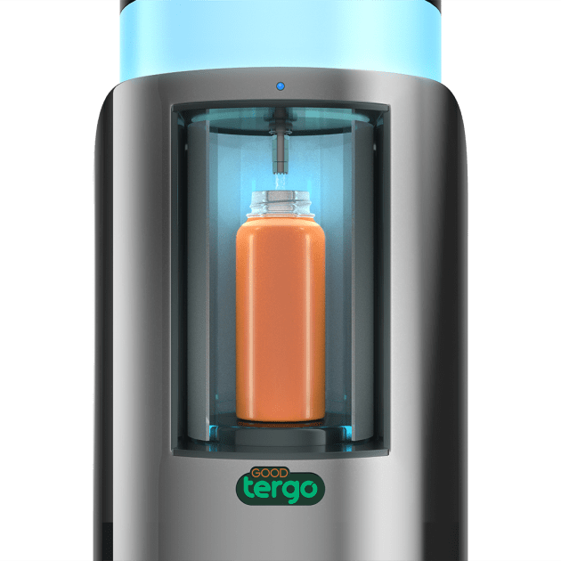 The unit dispenses filtered, carbonated, or hot water, creating a full-service refilling station.