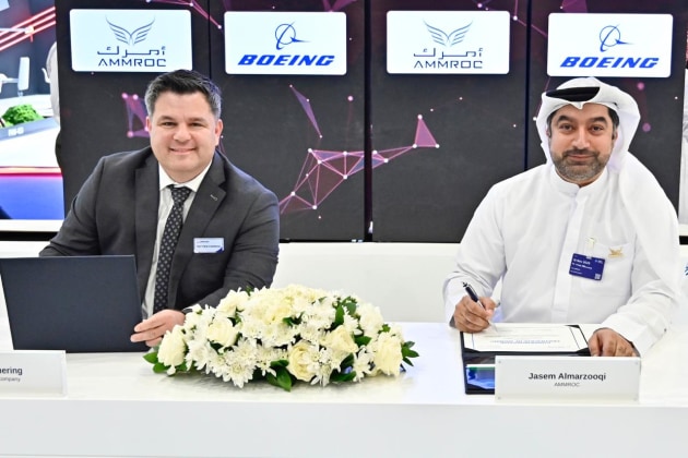 CEO of AMMROC, Jasem Al Marzooqi and Senior Director for Government Services in the Middle East, Turkey and Africa, Boeing, Matt Fishering, sign the Memorandum of Understanding at Dubai Airshow 2025. 

Credit: AMMROC