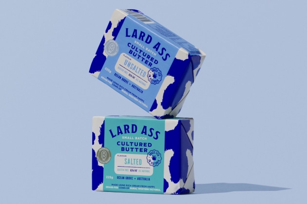 Lard Ass Butter packaging update by Studio Guild spotlights flavours.