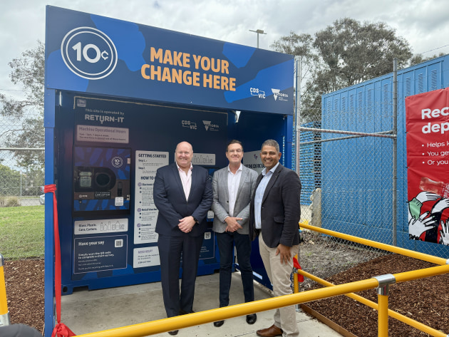 Pioneering step: (l-r) Return-It CEO Marc Churchin; Australian Beverage council director Geoff Parker, and CCEP MD, Orlando Rodriguez.
