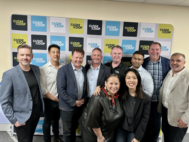 Back row (L-R): Matt Tangey, Currie Group; Brendan Yee, Close the Loop; Craig Walmsley, HP; Mark Daws, Currie Group; Steve Morris and Kesh Nair, Close the Loop; Anthony Jackson, Currie Group; Paul Bartolo, Ball & Doggett  | Front row (L-R): Zaidee Jackson, Ball & Doggett; Amy Yu, Dscoop