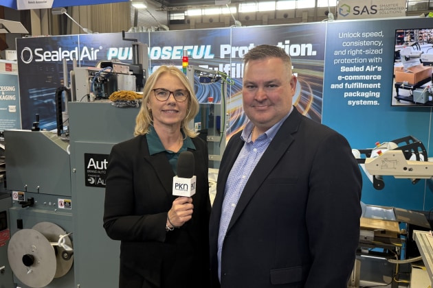 Commercial lead Simon Fenton talks e-commerce fulfilment solutions with Lindy Hughson from PKN at CeMAT / Industrial Transformation.