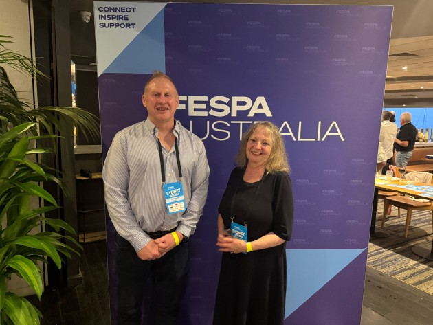 Tribute paid: Fespa Australia president Nigel Davies with Membership and Communications manager Jane Docherty, who announced her retirement at the Sydney event.