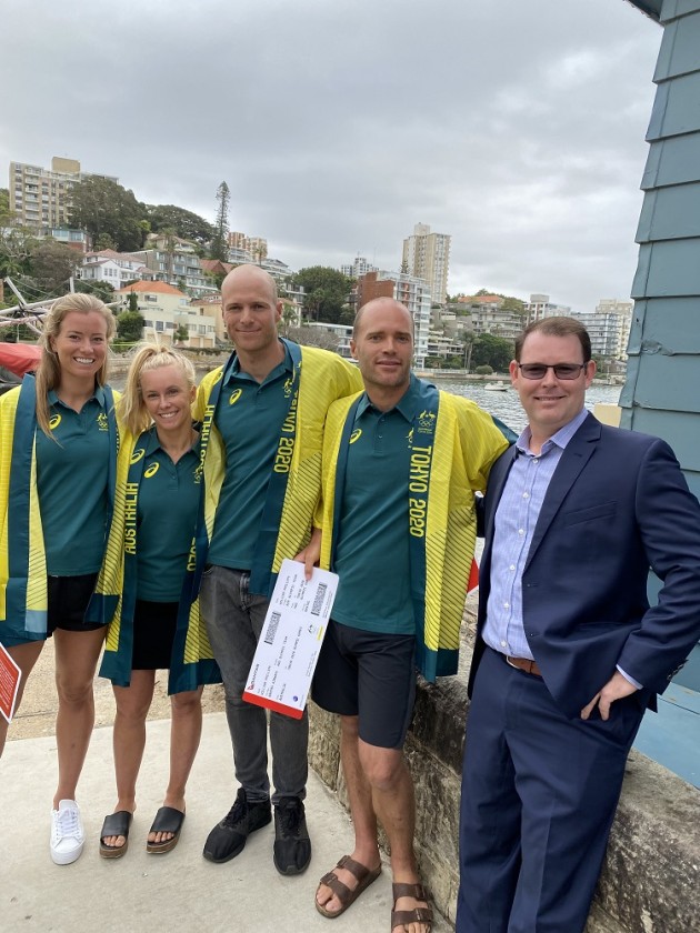 Jaime Ryan, Tess Lloyd and Sam and Will Phillips with Australian Sailing President, Dan Belcher - Di Pearson pic