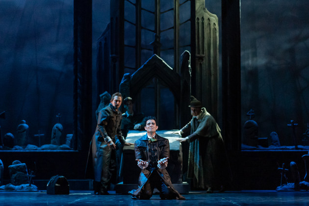 Julio Blanes as Arthur Holmwood with Christian Luck as Dr Jack Seward and Adam Alzaim as Professor Van Helsing in Dracula, West Australian Ballet. Photo: Bradbury Photography.