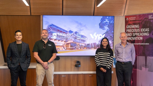 Monash Food Innovation (MFI) has partnered with global product intelligence platform Vypr to give students, researchers and industry partners access to real-time consumer insights as part of the product development process. (L-R: Abhsihek Banerjee, Sam Gilding, Alisha Mehnaz, and Rod Heath (Photo credit: Carlson Ham)
